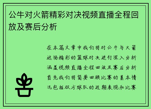 公牛对火箭精彩对决视频直播全程回放及赛后分析